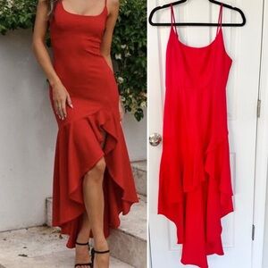 Saints + Secrets Red Ruffle Asymmetrical Slip Dress Size Small